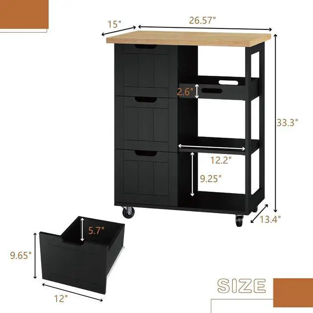 Alt view image 2 of 7 - SUNLEI Kitchen Island with Storage Cart Rolling Coffee Small Butcher Block Table Microwave with 3 Drawers on Wheels Station Portable Mobile Narrow Moveable Utility Counter Wood Top Spaces Bar Food