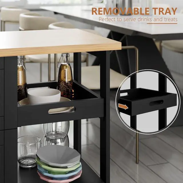 Alt view image 5 of 7 - SUNLEI Kitchen Island with Storage Cart Rolling Coffee Small Butcher Block Table Microwave with 3 Drawers on Wheels Station Portable Mobile Narrow Moveable Utility Counter Wood Top Spaces Bar Food