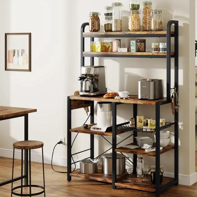 Alt view image 3 of 7 - IDEALHOUSE Bakers Rack with Power Outlet, Coffee Bar with Wire Drawer, Industrial Microwave Stand, Kitchen Buffet Table with Large Storage, 6-Tier Kitchen Storage Rack with Hutch, Rustic Brown