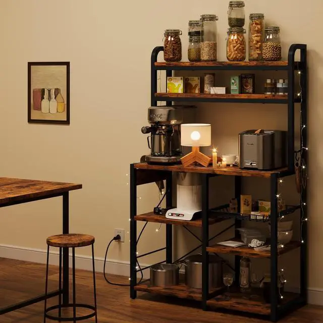Alt view image 4 of 7 - IDEALHOUSE Bakers Rack with Power Outlet, Coffee Bar with Wire Drawer, Industrial Microwave Stand, Kitchen Buffet Table with Large Storage, 6-Tier Kitchen Storage Rack with Hutch, Rustic Brown