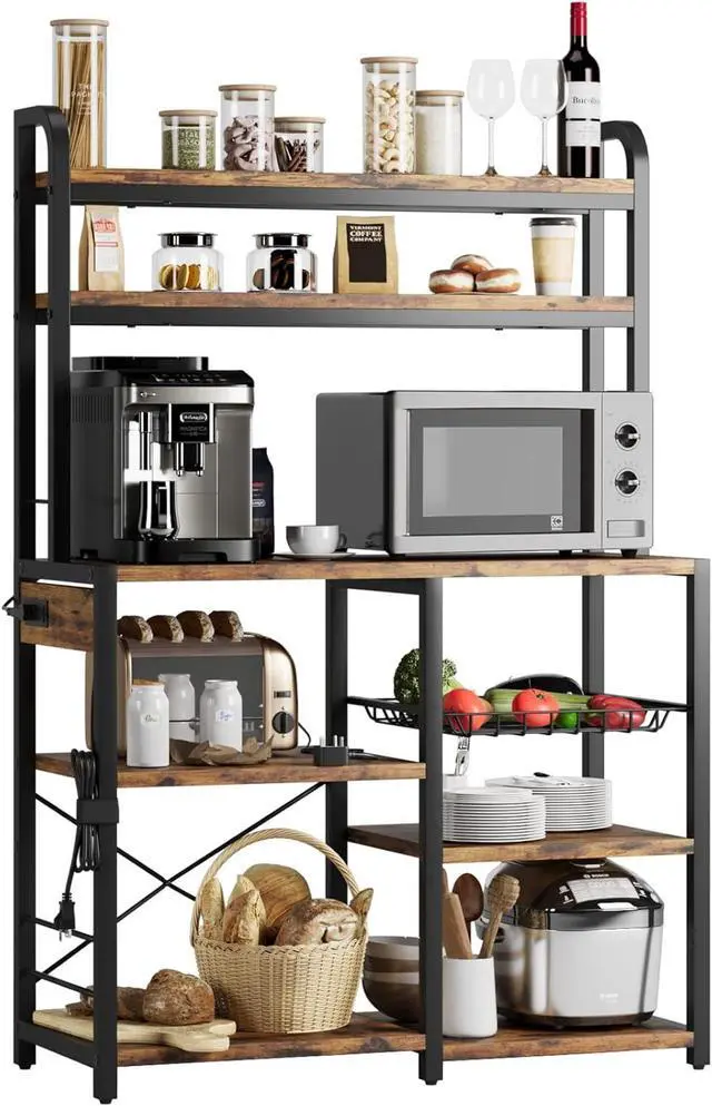 Alt view image 7 of 7 - IDEALHOUSE Bakers Rack with Power Outlet, Coffee Bar with Wire Drawer, Industrial Microwave Stand, Kitchen Buffet Table with Large Storage, 6-Tier Kitchen Storage Rack with Hutch, Rustic Brown