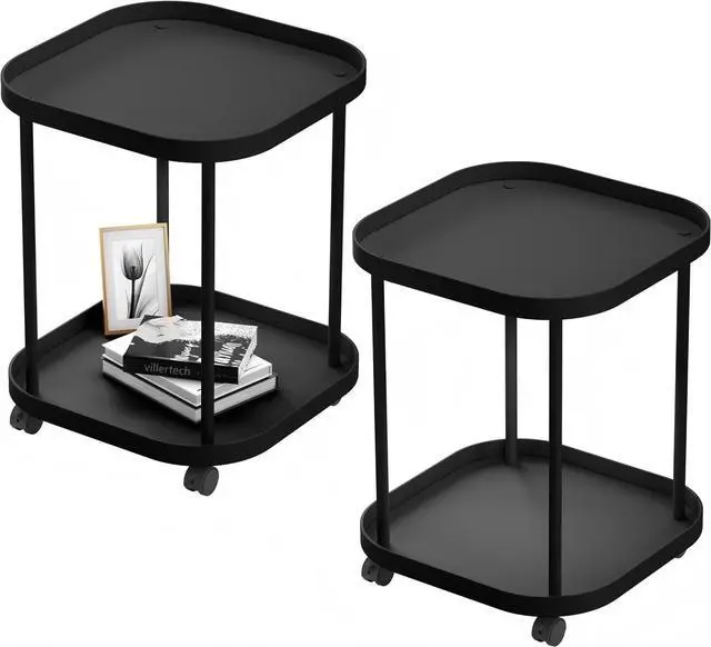 Main image of Side Table with Wheels, End Table Living Room Plastic Mobile Sofa Side Table Small Night Stand Bedroom Black (2 Pack)