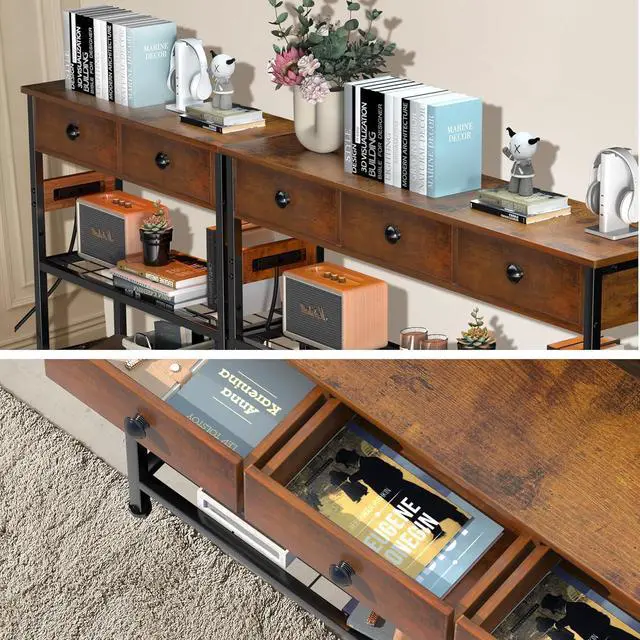 Alt view image 4 of 7 - 47" Entryway Table with Outlets: Console Table with 3 Wood Drawers and Storage Shelves, USB Ports, LED Light Strip for Sofa, Living Room, Hallway, Foyer, Couch, TV and Aquarium Stand