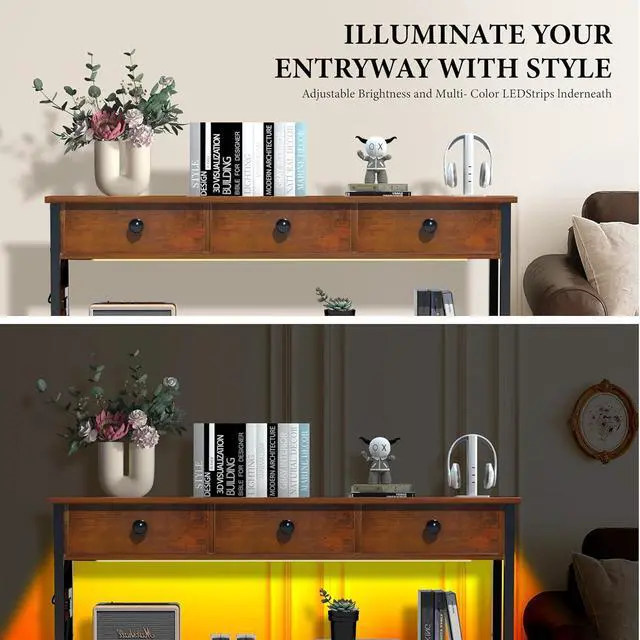 Alt view image 6 of 7 - 47" Entryway Table with Outlets: Console Table with 3 Wood Drawers and Storage Shelves, USB Ports, LED Light Strip for Sofa, Living Room, Hallway, Foyer, Couch, TV and Aquarium Stand