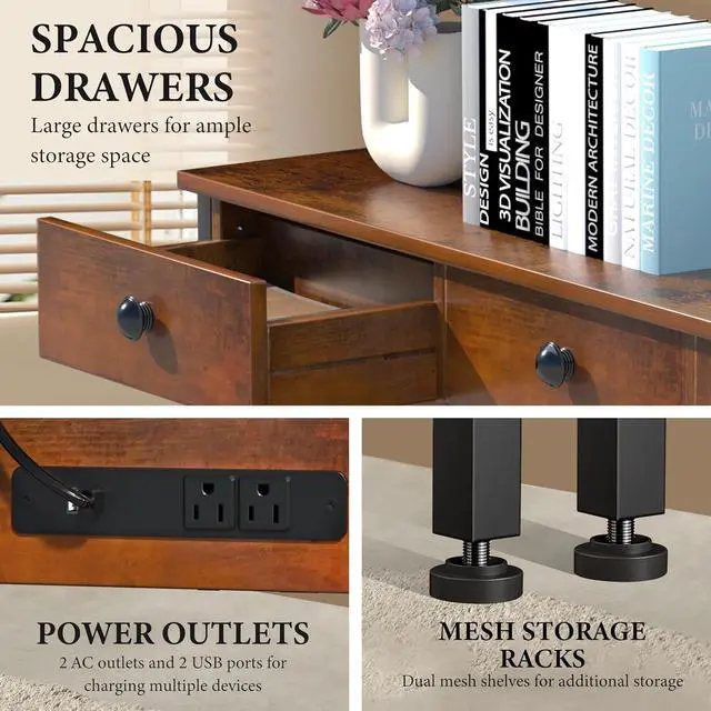 Alt view image 7 of 7 - 47" Entryway Table with Outlets: Console Table with 3 Wood Drawers and Storage Shelves, USB Ports, LED Light Strip for Sofa, Living Room, Hallway, Foyer, Couch, TV and Aquarium Stand