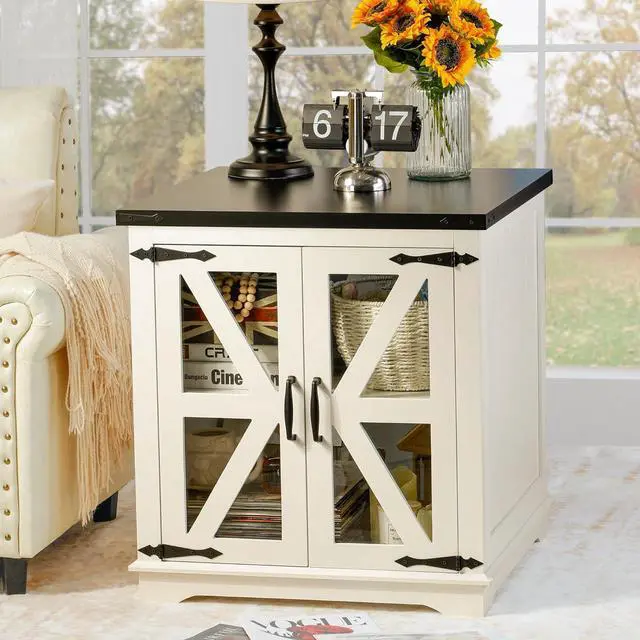 Main image of Farmhouse End Table, 24" Large End Tables with Storage, Rustic Square Sofa Beside Table with Glass Barn Door, Wood Side Table Square Nightstand for Living Room, Bedroom, Office (White)