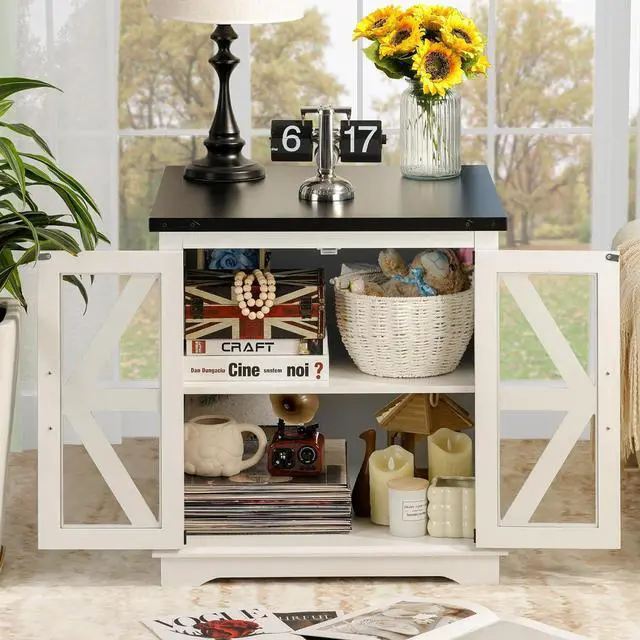 Alt view image 5 of 7 - Farmhouse End Table, 24" Large End Tables with Storage, Rustic Square Sofa Beside Table with Glass Barn Door, Wood Side Table Square Nightstand for Living Room, Bedroom, Office (White)