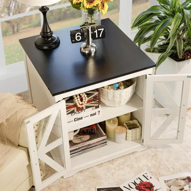 Alt view image 6 of 7 - Farmhouse End Table, 24" Large End Tables with Storage, Rustic Square Sofa Beside Table with Glass Barn Door, Wood Side Table Square Nightstand for Living Room, Bedroom, Office (White)