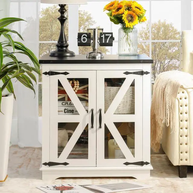 Alt view image 7 of 7 - Farmhouse End Table, 24" Large End Tables with Storage, Rustic Square Sofa Beside Table with Glass Barn Door, Wood Side Table Square Nightstand for Living Room, Bedroom, Office (White)