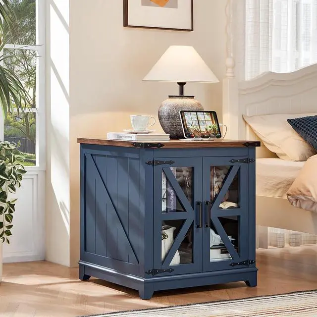 Alt view image 4 of 7 - Farmhouse End Table with Charging Station, 24" Large Sofa Side Table with Glass Barn Door, Blue Nightstand with Adjustable Storage Shelf,Wood Square Bedside Table for Living Room,Bedroom