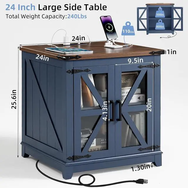 Alt view image 2 of 7 - Farmhouse End Table with Charging Station, 24" Large Sofa Side Table with Glass Barn Door, Blue Nightstand with Adjustable Storage Shelf,Wood Square Bedside Table for Living Room,Bedroom