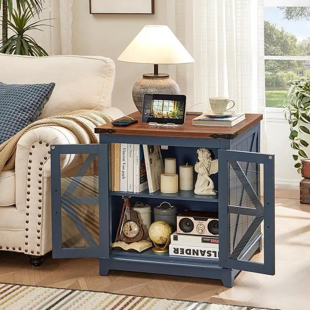 Alt view image 3 of 7 - Farmhouse End Table with Charging Station, 24" Large Sofa Side Table with Glass Barn Door, Blue Nightstand with Adjustable Storage Shelf,Wood Square Bedside Table for Living Room,Bedroom
