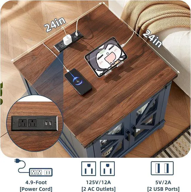 Alt view image 6 of 7 - Farmhouse End Table with Charging Station, 24" Large Sofa Side Table with Glass Barn Door, Blue Nightstand with Adjustable Storage Shelf,Wood Square Bedside Table for Living Room,Bedroom