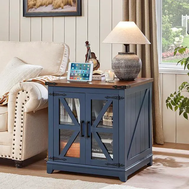 Alt view image 5 of 7 - Farmhouse End Table with Charging Station, 24" Large Sofa Side Table with Glass Barn Door, Blue Nightstand with Adjustable Storage Shelf,Wood Square Bedside Table for Living Room,Bedroom
