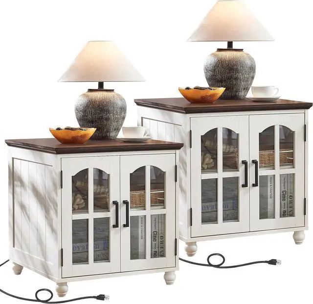 Main image of Farmhouse 24" End Table Set of 2 with Charging Station, Large Sofa Side Table with Glass Barn Door,Wood Night Stand with Adjustable Storage Shelf,Square Bedside Table for Living Room,Bedroom