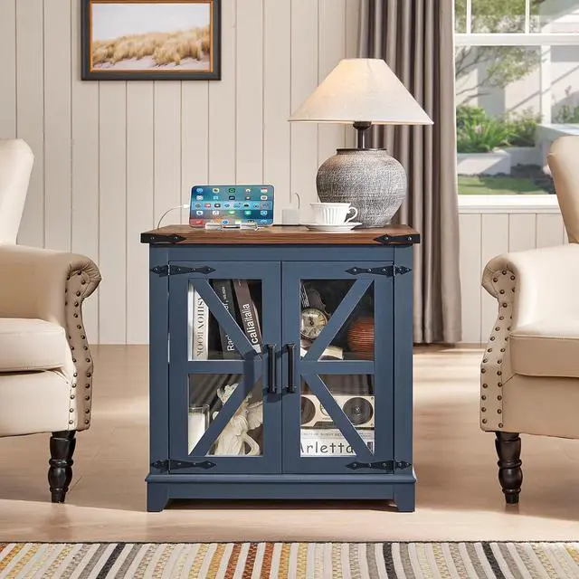 Alt view image 7 of 7 - Farmhouse End Table with Charging Station, 24" Large Sofa Side Table with Glass Barn Door, Blue Nightstand with Adjustable Storage Shelf,Wood Square Bedside Table for Living Room,Bedroom