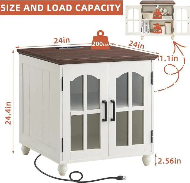 Alt view image 3 of 7 - Farmhouse 24" End Table Set of 2 with Charging Station, Large Sofa Side Table with Glass Barn Door,Wood Night Stand with Adjustable Storage Shelf,Square Bedside Table for Living Room,Bedroom