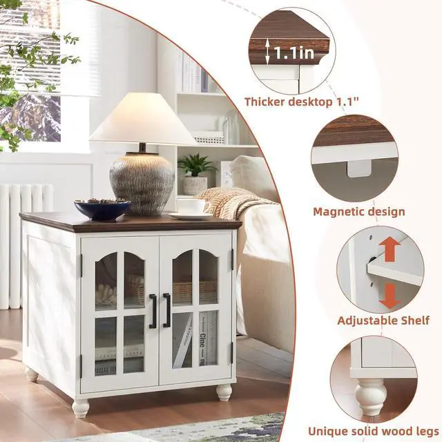 Alt view image 5 of 7 - Farmhouse 24" End Table Set of 2 with Charging Station, Large Sofa Side Table with Glass Barn Door,Wood Night Stand with Adjustable Storage Shelf,Square Bedside Table for Living Room,Bedroom