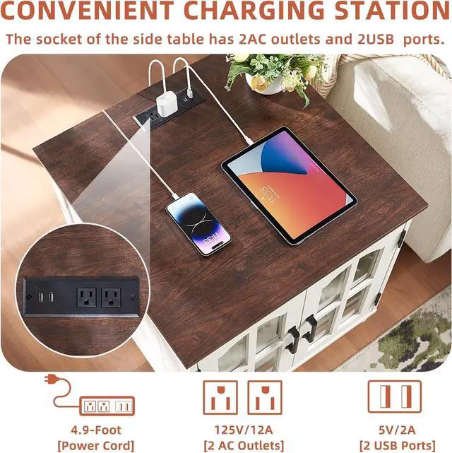Alt view image 7 of 7 - Farmhouse 24" End Table Set of 2 with Charging Station, Large Sofa Side Table with Glass Barn Door,Wood Night Stand with Adjustable Storage Shelf,Square Bedside Table for Living Room,Bedroom