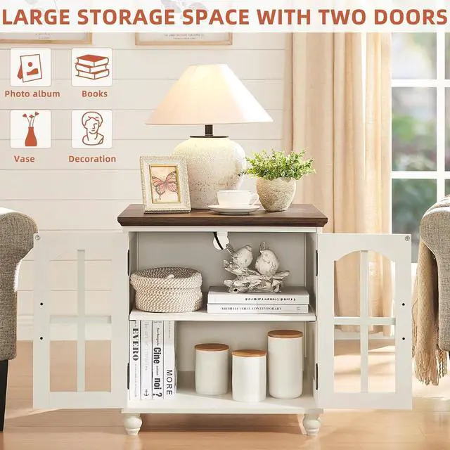 Alt view image 6 of 7 - Farmhouse 24" End Table Set of 2 with Charging Station, Large Sofa Side Table with Glass Barn Door,Wood Night Stand with Adjustable Storage Shelf,Square Bedside Table for Living Room,Bedroom