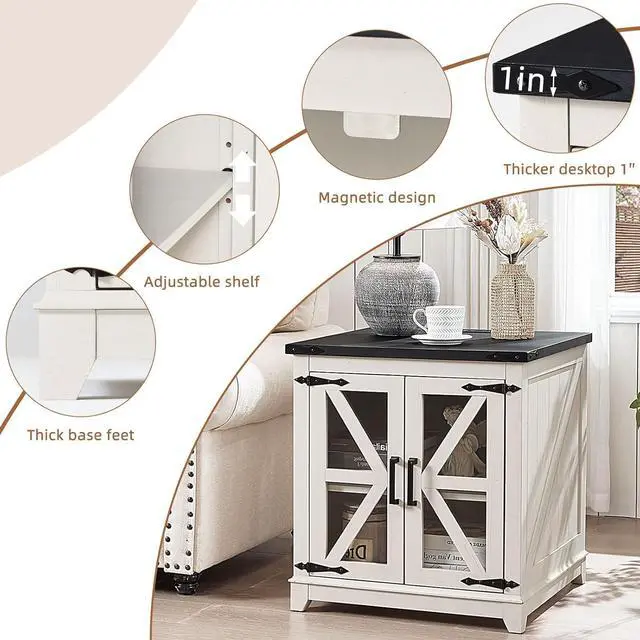 Alt view image 3 of 7 - Farmhouse End Table,24" Large Sofa Side Table with Charging Station Glass Barn Door,Wood Nightstand with Adjustable Storage Shelf,Square Bedside Table for Living Room,Bedroom,Office-White