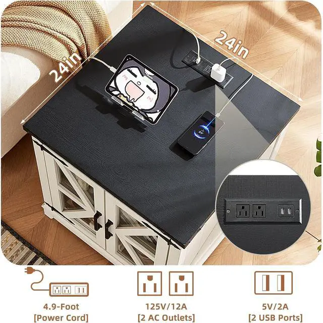 Alt view image 4 of 7 - Farmhouse End Table,24" Large Sofa Side Table with Charging Station Glass Barn Door,Wood Nightstand with Adjustable Storage Shelf,Square Bedside Table for Living Room,Bedroom,Office-White