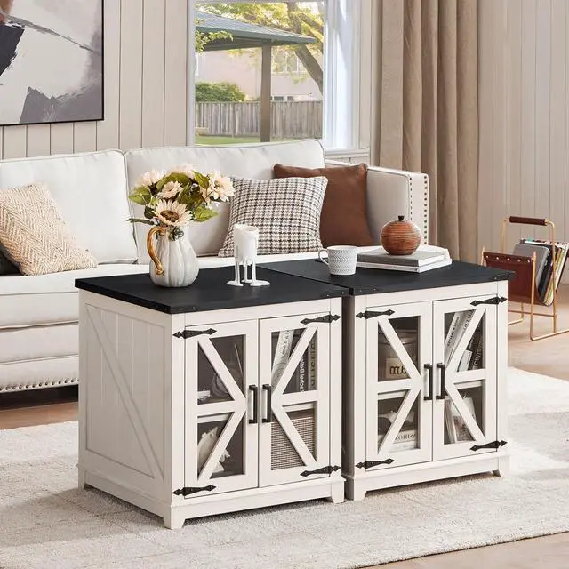 Alt view image 5 of 7 - Farmhouse End Table,24" Large Sofa Side Table with Charging Station Glass Barn Door,Wood Nightstand with Adjustable Storage Shelf,Square Bedside Table for Living Room,Bedroom,Office-White