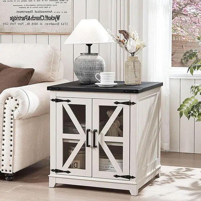 Alt view image 7 of 7 - Farmhouse End Table,24" Large Sofa Side Table with Charging Station Glass Barn Door,Wood Nightstand with Adjustable Storage Shelf,Square Bedside Table for Living Room,Bedroom,Office-White