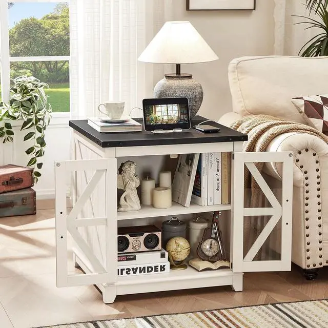 Alt view image 2 of 7 - Farmhouse End Table,24" Large Sofa Side Table with Charging Station Glass Barn Door,Wood Nightstand with Adjustable Storage Shelf,Square Bedside Table for Living Room,Bedroom,Office-White