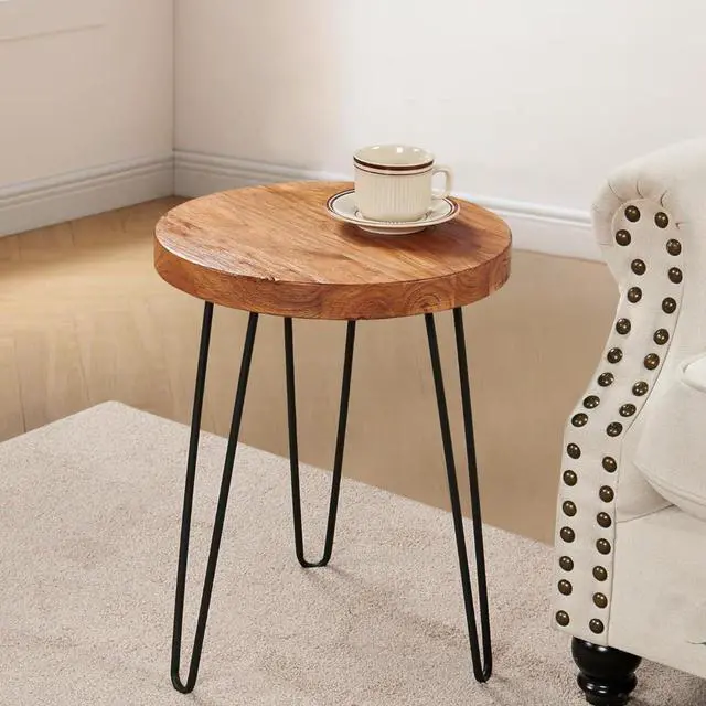 Main image of Elm Solid Wood Side Table 15.6" x 15.6" x 20.8"H Round Accent Vintage Coffee End Tables Rustic Plant Stands Living Room Patio Bedroom Nightstand