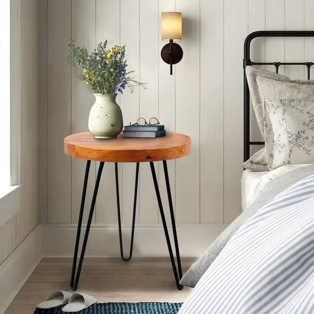 Alt view image 5 of 7 - Elm Solid Wood Side Table 15.6" x 15.6" x 20.8"H Round Accent Vintage Coffee End Tables Rustic Plant Stands Living Room Patio Bedroom Nightstand