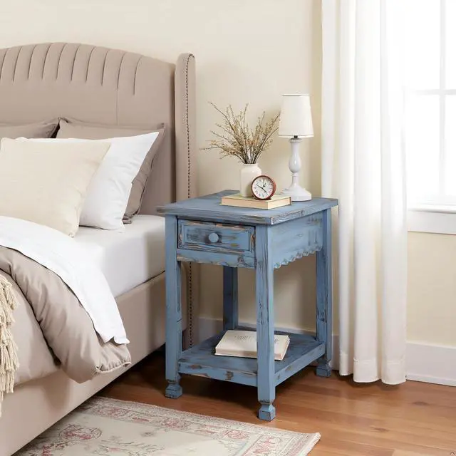 Alt view image 2 of 7 - Rustic Cottage Chairside End Table 15D x 23W x 24H in, Shabby Chic Distressed Finish, 1 Drawer & 1 Shelf, Antique Blue, Living Room Furniture, Solid Wood