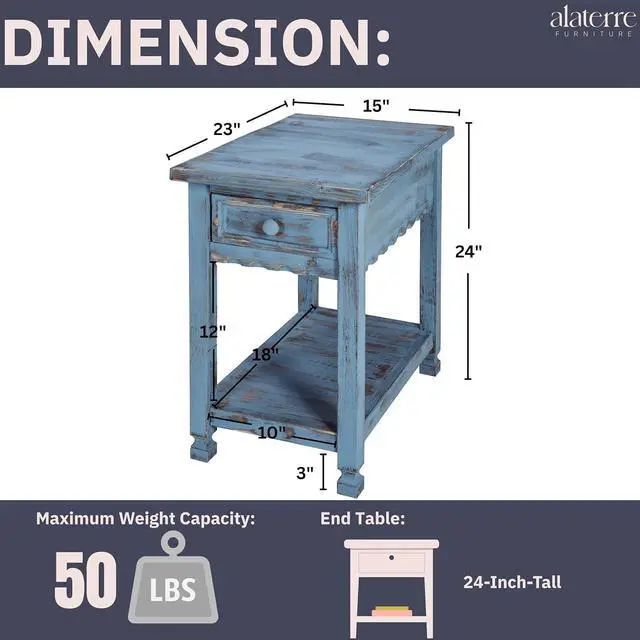 Alt view image 3 of 7 - Rustic Cottage Chairside End Table 15D x 23W x 24H in, Shabby Chic Distressed Finish, 1 Drawer & 1 Shelf, Antique Blue, Living Room Furniture, Solid Wood