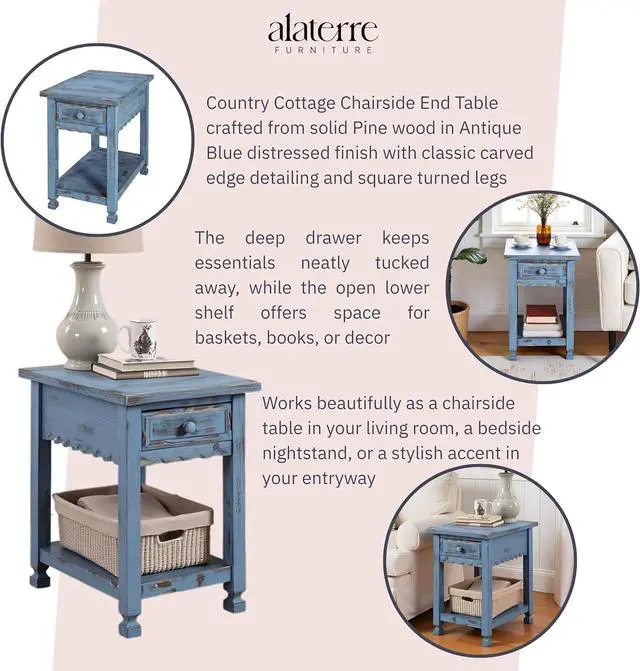 Alt view image 4 of 7 - Rustic Cottage Chairside End Table 15D x 23W x 24H in, Shabby Chic Distressed Finish, 1 Drawer & 1 Shelf, Antique Blue, Living Room Furniture, Solid Wood