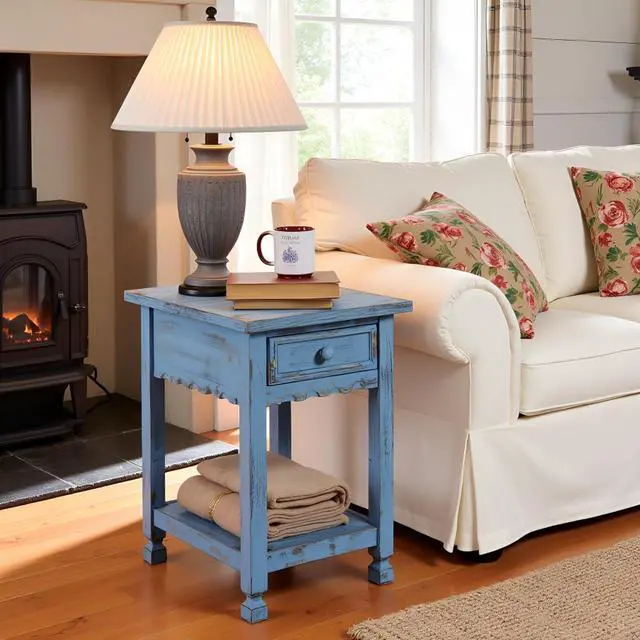 Alt view image 5 of 7 - Rustic Cottage Chairside End Table 15D x 23W x 24H in, Shabby Chic Distressed Finish, 1 Drawer & 1 Shelf, Antique Blue, Living Room Furniture, Solid Wood