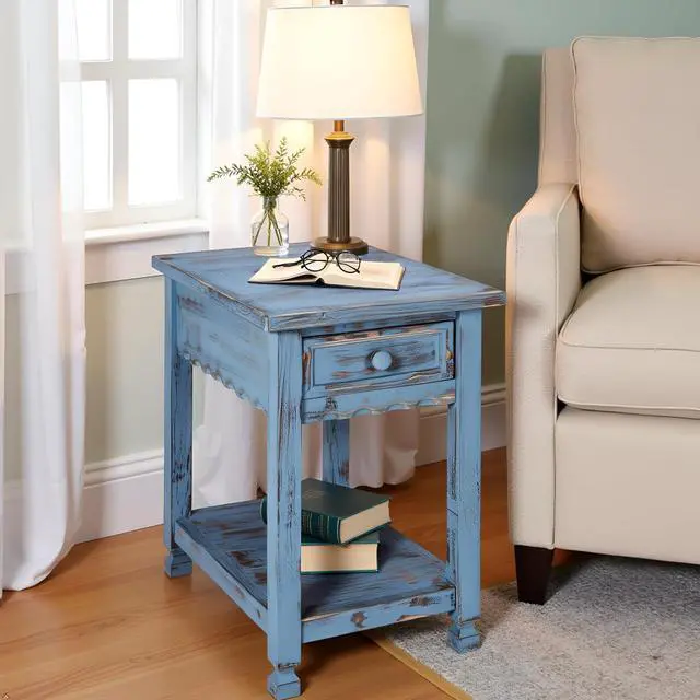 Alt view image 7 of 7 - Rustic Cottage Chairside End Table 15D x 23W x 24H in, Shabby Chic Distressed Finish, 1 Drawer & 1 Shelf, Antique Blue, Living Room Furniture, Solid Wood