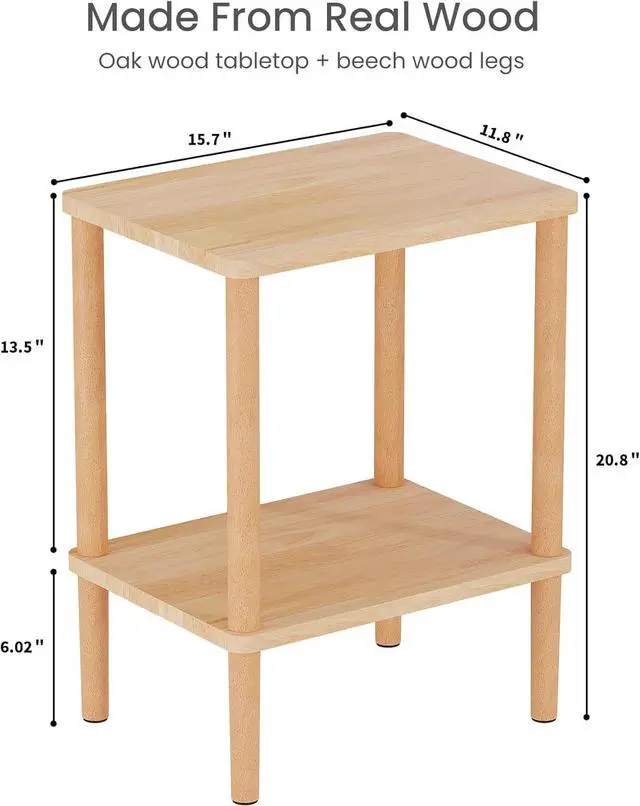 Alt view image 3 of 7 - LUCKNOCK Solid Wood Side Table, 2-Tier Small End Table with Storage Shelf, Narrow Nightstand Bedside Table for Small Spaces, Bedroom, Living Room, Farmhouse, No-Tool Assembly.