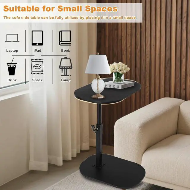 Alt view image 6 of 7 - Side Table TV Tray for Couch,Height Adjustable 360° Swivel C Shaped End Table for Small Spaces,Bedside Bathroom Living Room (Black)