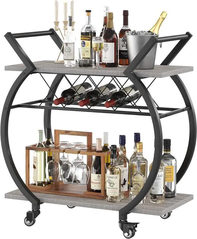 Main image of LVB Bar Cart with Wine Rack, 2 Tier Farmhouse Kitchen Cart on Wheels, Modern Wood and Metal Portable Coffee Cart Table for Home, Utility Industrial Mobile Serving Cart with Storage Shelf, Grey Oak