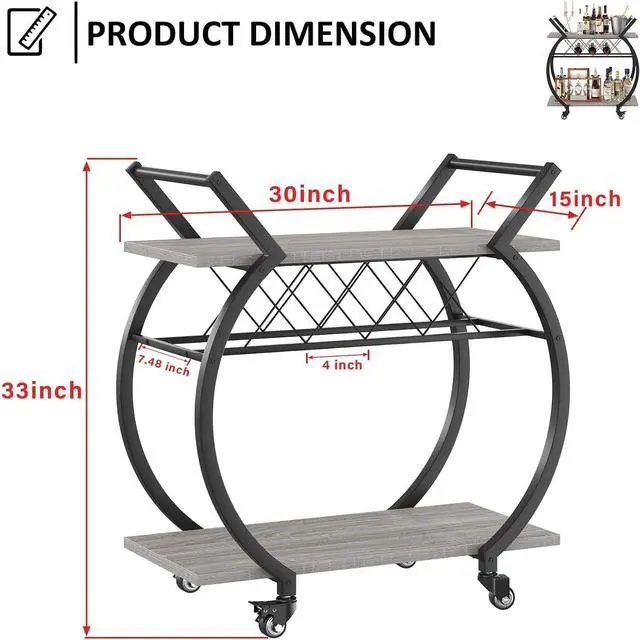 Alt view image 2 of 7 - LVB Bar Cart with Wine Rack, 2 Tier Farmhouse Kitchen Cart on Wheels, Modern Wood and Metal Portable Coffee Cart Table for Home, Utility Industrial Mobile Serving Cart with Storage Shelf, Grey Oak