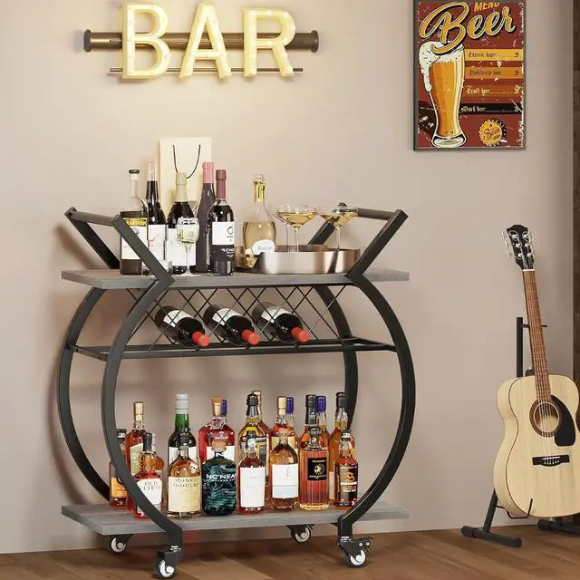 Alt view image 3 of 7 - LVB Bar Cart with Wine Rack, 2 Tier Farmhouse Kitchen Cart on Wheels, Modern Wood and Metal Portable Coffee Cart Table for Home, Utility Industrial Mobile Serving Cart with Storage Shelf, Grey Oak
