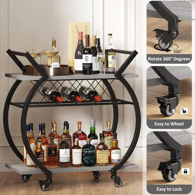 Alt view image 5 of 7 - LVB Bar Cart with Wine Rack, 2 Tier Farmhouse Kitchen Cart on Wheels, Modern Wood and Metal Portable Coffee Cart Table for Home, Utility Industrial Mobile Serving Cart with Storage Shelf, Grey Oak