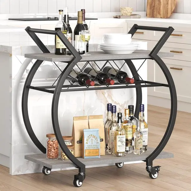 Alt view image 6 of 7 - LVB Bar Cart with Wine Rack, 2 Tier Farmhouse Kitchen Cart on Wheels, Modern Wood and Metal Portable Coffee Cart Table for Home, Utility Industrial Mobile Serving Cart with Storage Shelf, Grey Oak