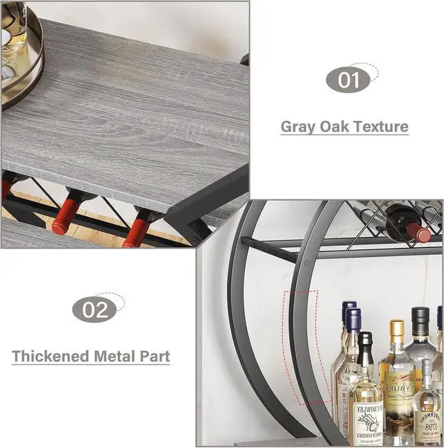 Alt view image 7 of 7 - LVB Bar Cart with Wine Rack, 2 Tier Farmhouse Kitchen Cart on Wheels, Modern Wood and Metal Portable Coffee Cart Table for Home, Utility Industrial Mobile Serving Cart with Storage Shelf, Grey Oak
