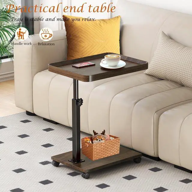 Alt view image 4 of 7 - C Table End Table Adjustable Height, 360°Swivel TV Tray Table for Small Spaces, Couch Tables That Slide Under, C Shaped Side Tables with Wheels for Living Room and Bedroom, Bed