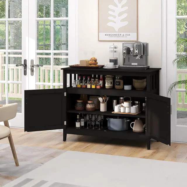 Alt view image 2 of 7 - Buffet Cabinet with Storage, Wood Console Table with Open Compartment, 2 Doors Cabinet with Adjustable Shelf, Credenzas for Living Room, Kitchen Sideboards for Home Coffee Bar