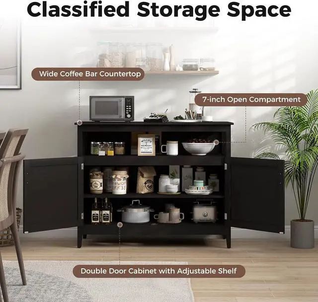 Alt view image 4 of 7 - Buffet Cabinet with Storage, Wood Console Table with Open Compartment, 2 Doors Cabinet with Adjustable Shelf, Credenzas for Living Room, Kitchen Sideboards for Home Coffee Bar