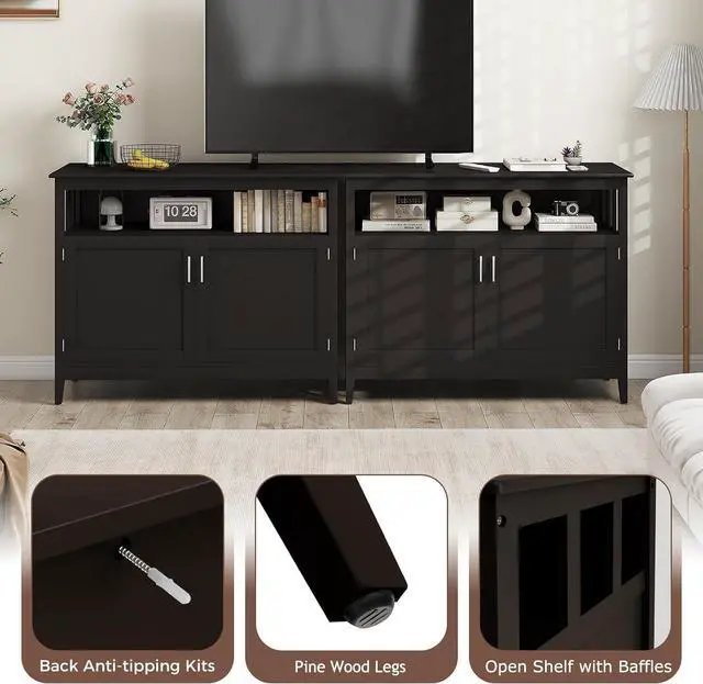 Alt view image 6 of 7 - Buffet Cabinet with Storage, Wood Console Table with Open Compartment, 2 Doors Cabinet with Adjustable Shelf, Credenzas for Living Room, Kitchen Sideboards for Home Coffee Bar