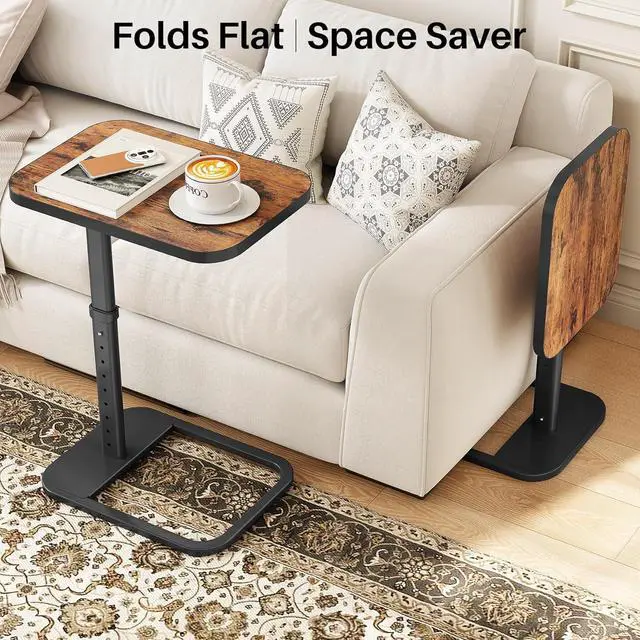 Alt view image 6 of 7 - Kitstorack TV Tray Table, Adjustable Height & Flip-Top & Rounded Metal Corners, Snack Table for Couch, Sofa, Bed, Chair, Living Room, C Shaped End Side Table for Eating, Dinner or Laptop, Small Spaces
