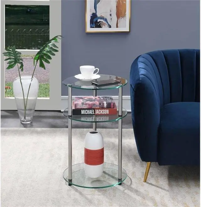 Alt view image 2 of 6 - Convenience Concepts Designs2Go Classic Glass 3-Tier Round End Modern Contemporary Side Table with Storage Shelves for Living Room, Bathroom, Bedroom, 15.75"